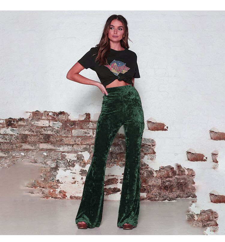 Women's High Waist Gold Velvet Casual Wide Leg Flared Pants
