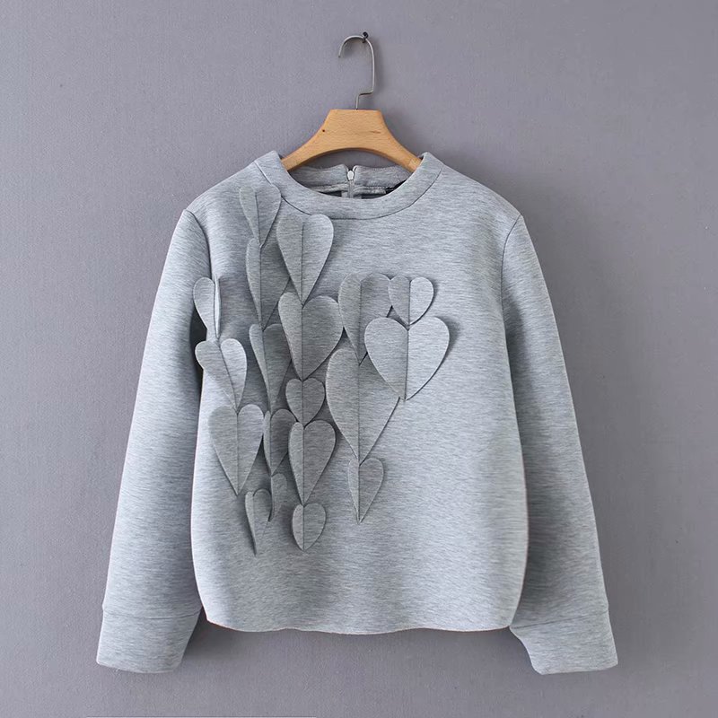 Title 2, Round Neck Peach Heart Applique Long Sleeve