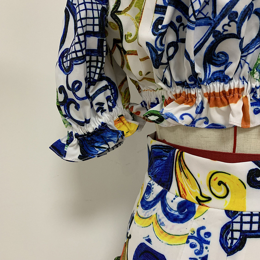 Half Skirt Suit With Short Top Print Cake Skirt