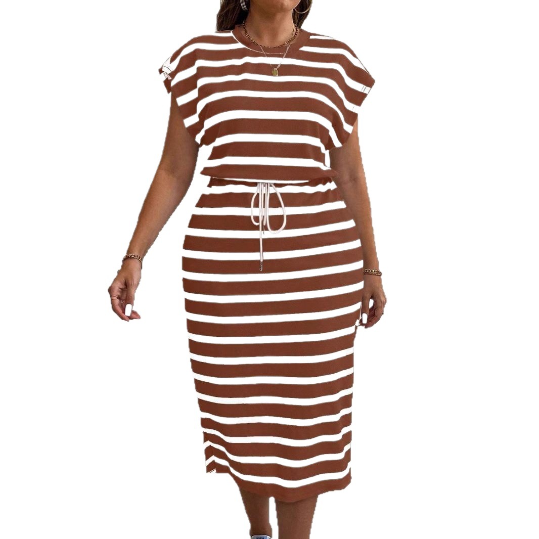 Round Neck Printed Drawstring Short Sleeve Dress Brown - Shop at LoveMi