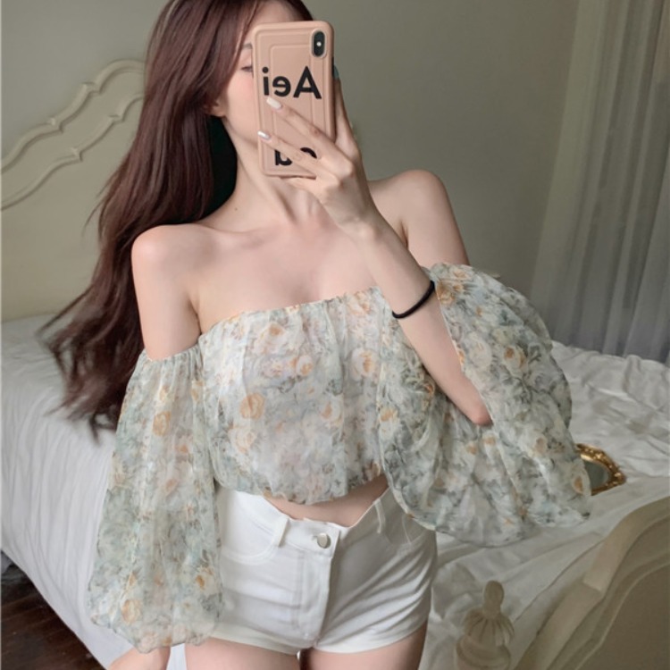 Women's Small Printed Lantern Sleeve Short Top