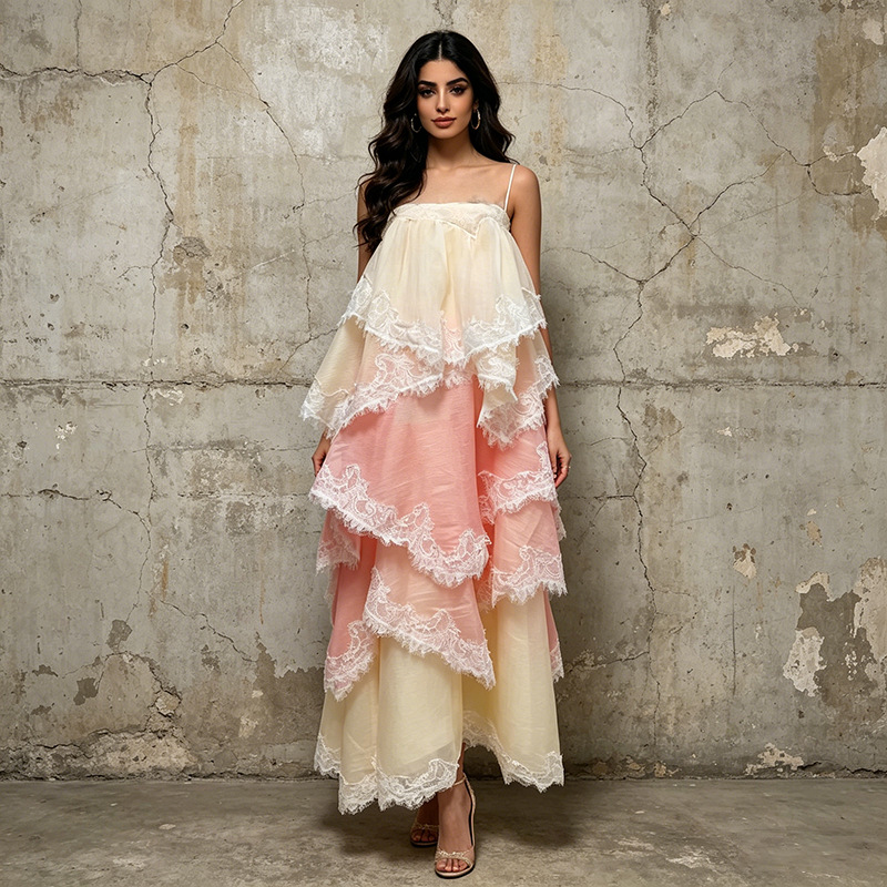 Lace Tiered Ruffle Spaghetti Strap Asymmetric Maxi Slip Dress