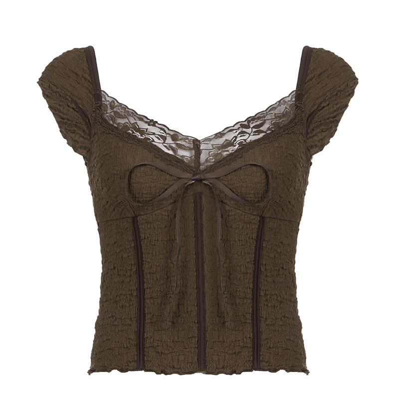 Brown Vintage Bow Fashion Top