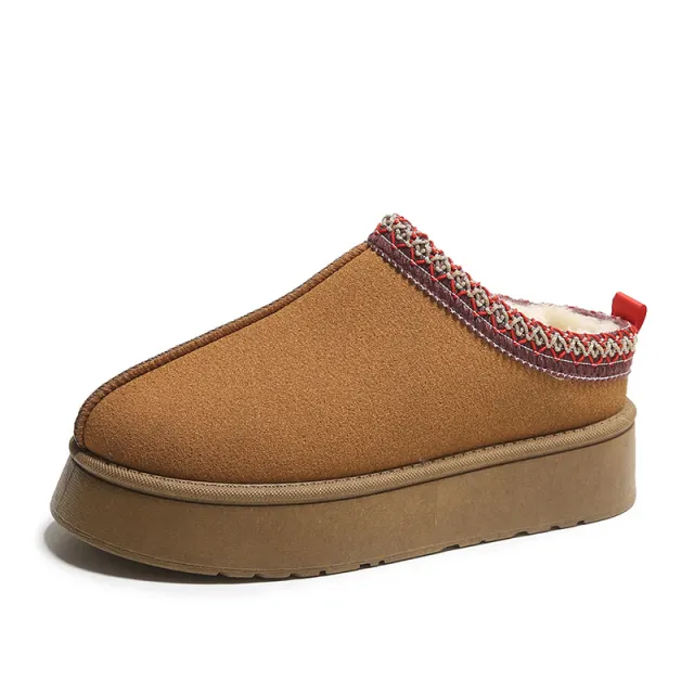 Baotou Plush Half Slippers Home Snow Boots Women's Fleece Warm Thick Bottom Cotton Shoes Ankle Flats Brown - Shop at LoveMi
