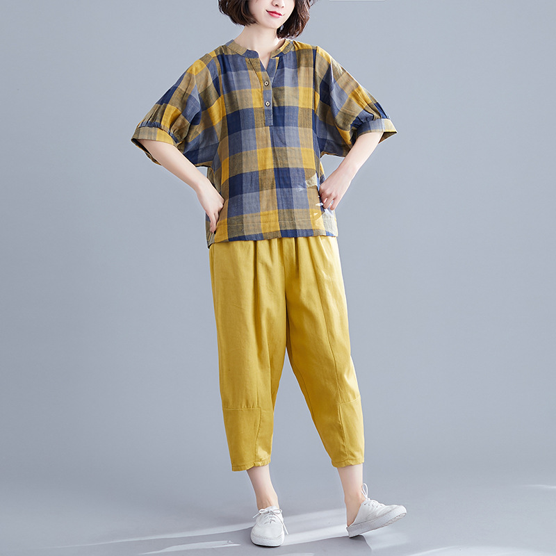 Summer Loose Literary Large Size Bat Sleeve Plaid Shirt Suit
