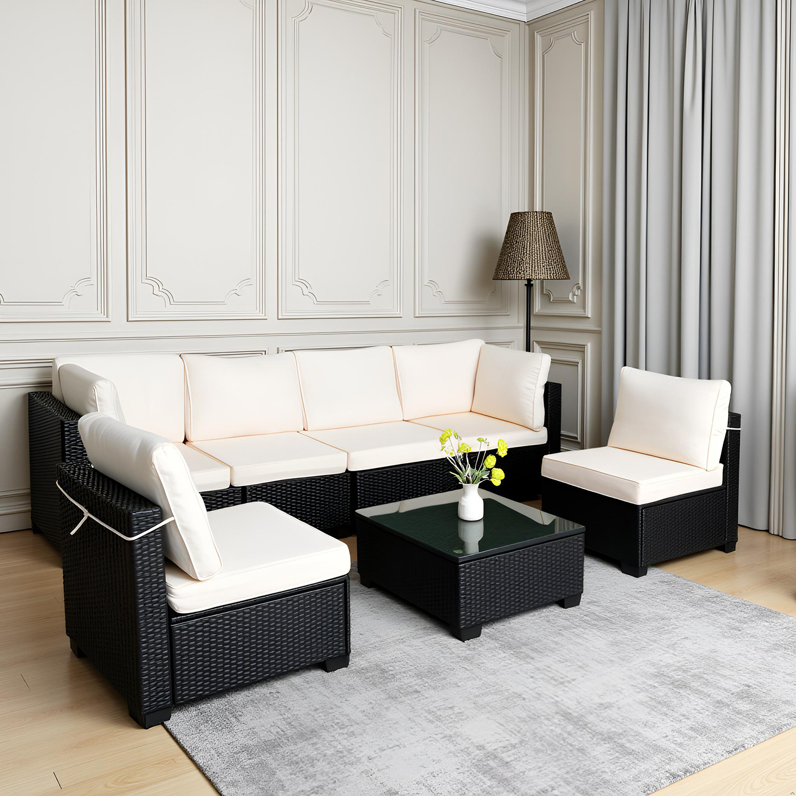 Sofa Set Table With Sofa Chair Black PE Rattan Indoor Or Outdoor 7 Piece Set