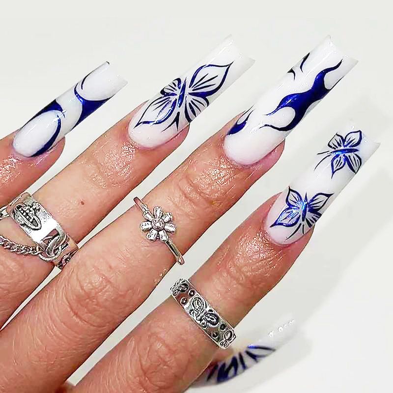 24 PCS Blue Butterfly Art, Long Length Long Water Pipe Fake Nails,Square Head Nail Tips False Nail