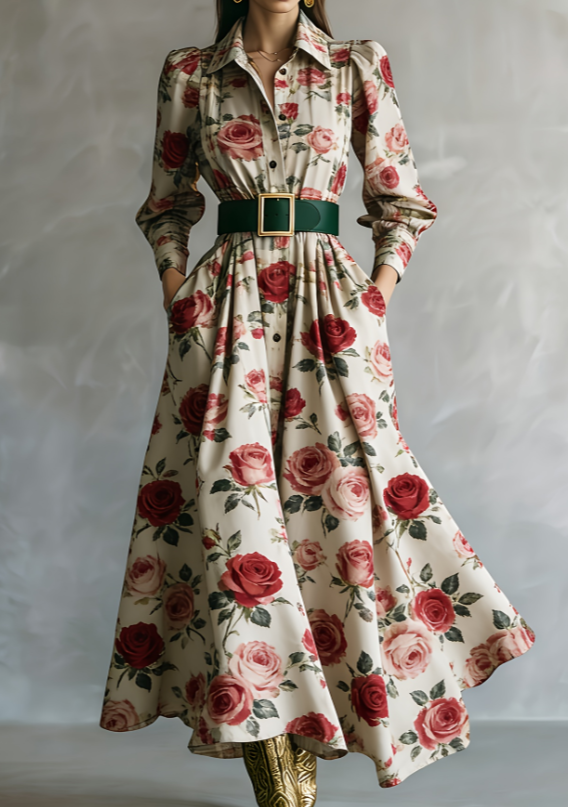 Waist-cinching Shirt Collar Casual Long Dress