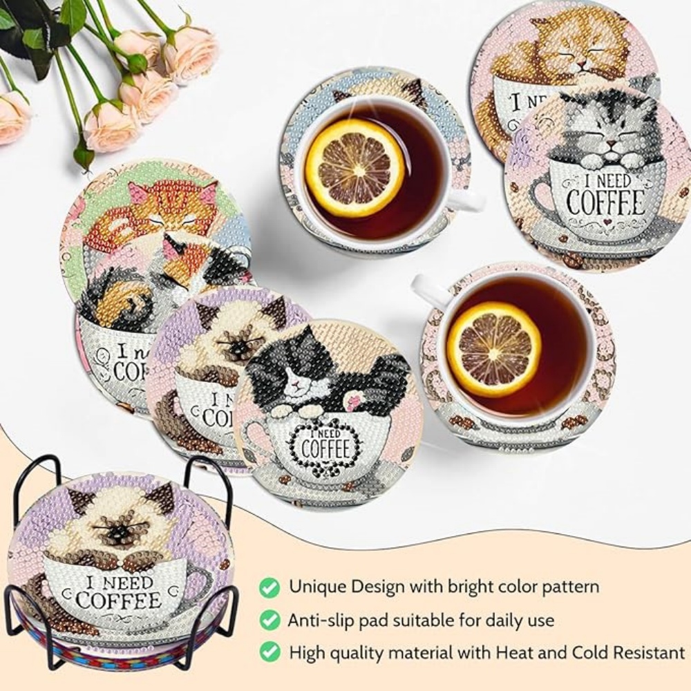 Diamond Art Drawing Coaster With Bracket, DIY Cat Pattern Diamond Art Coaster, Suitable For Adults And Beginners Diamond Drawing Kit, Diamond Kit Craft Supplies, Exquisite Gifts For Friends