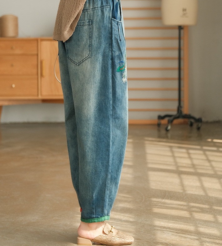 Chinese Style Embroidered Phoenix Denim Harem Pants