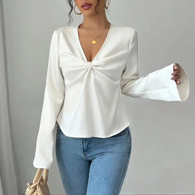 Women's Elegant Solid Color V neck Ruffled Front Flared Sleeve Shirt White - Shop at LoveMi