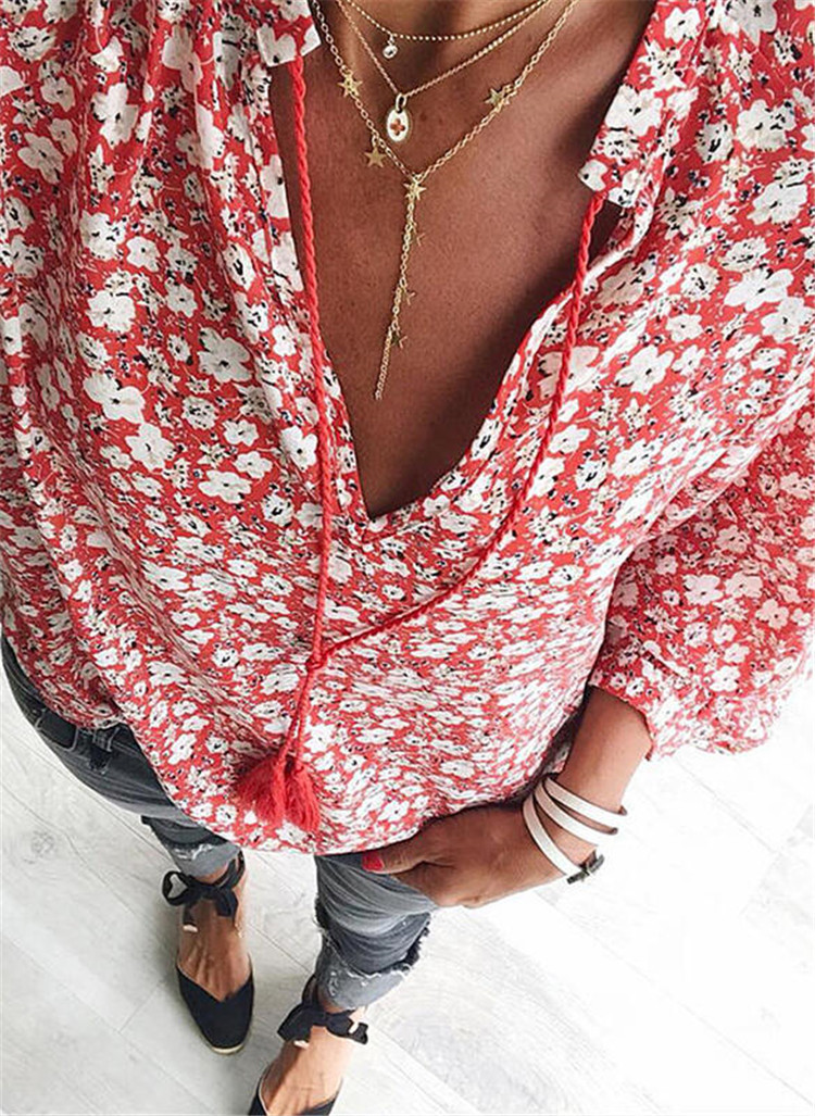 Printed Loose Nine-point Sleeve V-neck Fringed Shirt
