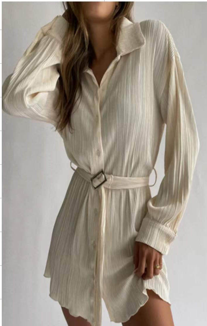 European And American Fashionable Pleated Long sleeved Shirt style Belted Dress Creamywhite - Shop at LoveMi