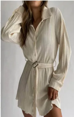 European And American Fashionable Pleated Long-sleeved Shirt-style Belted Dress - Creamywhite - View 1