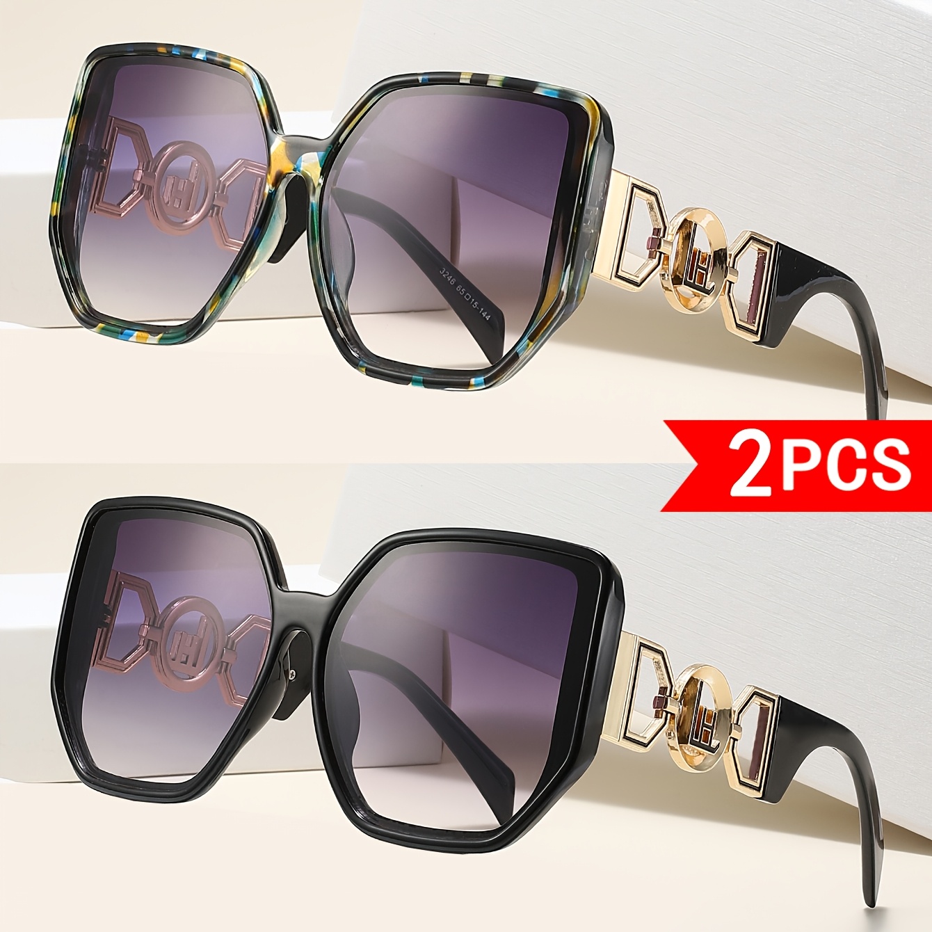 2 Pairs Of Ladies' Large-framed Square Sunglasses. Retro Geometric Frame. Metal Decorative Frame Legs. UV400 Protection. Multiple Color Combinations Available. Beach Travel Fashionable Sunglasses. — 1