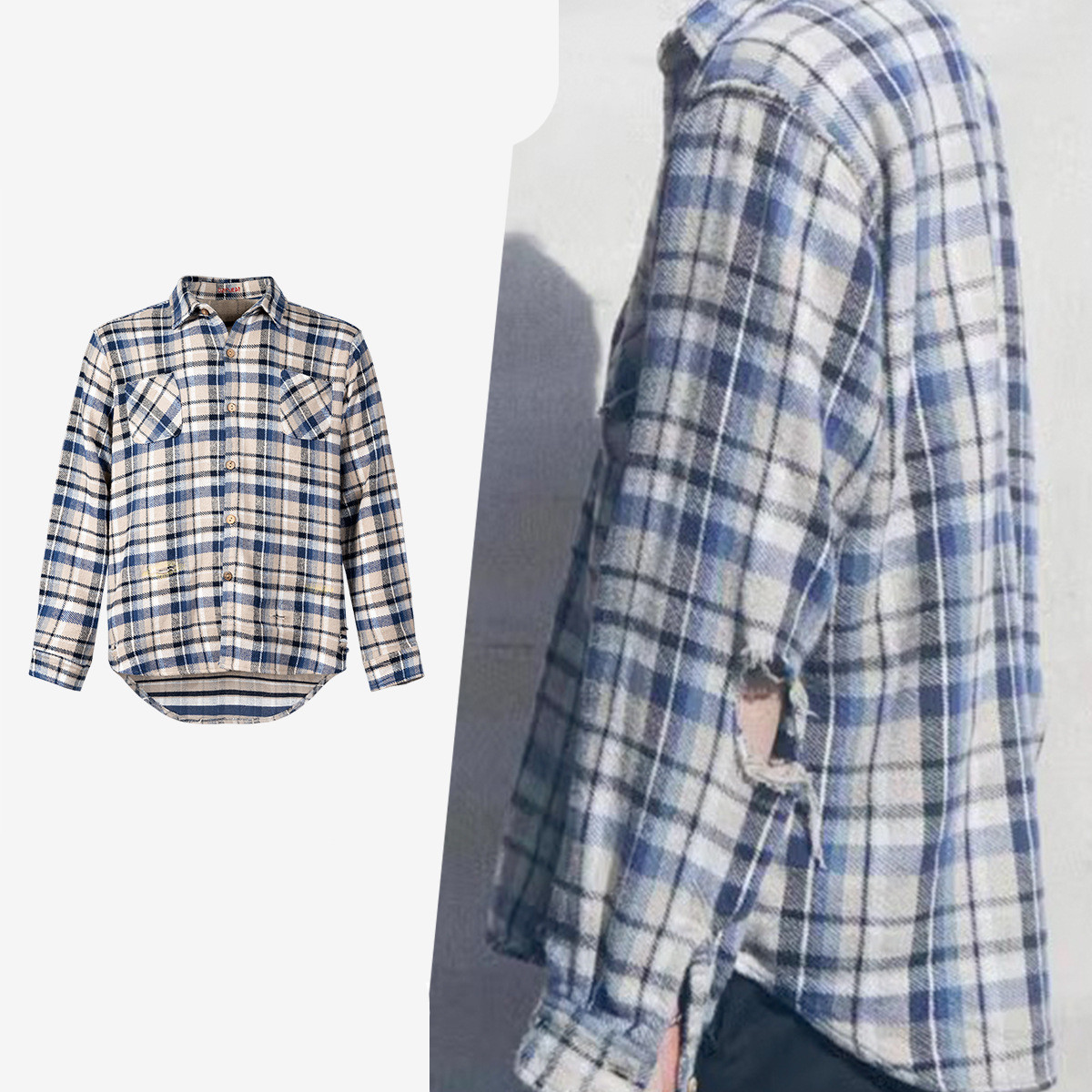 Long Sleeve Shirt Short Front And Long Back Damaged Craft Plaid