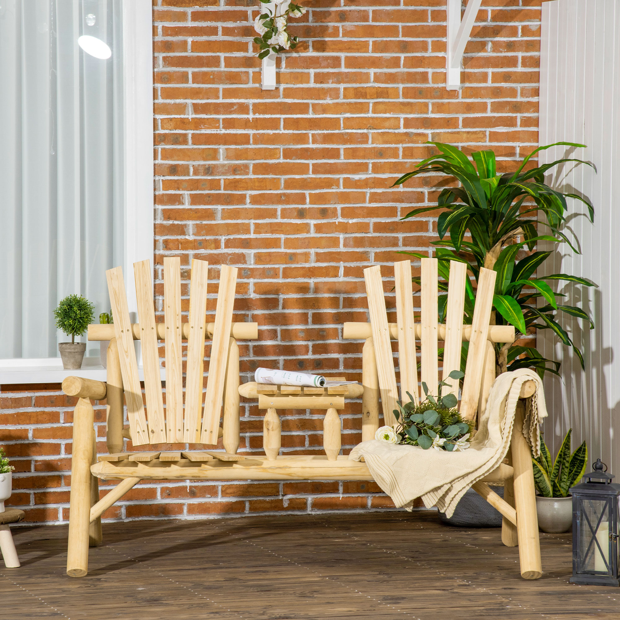 Wooden Adirondack Chair With Center Table, 2-Seat Garden Chair For Lounging And Relaxing Outdoors Natural_maomaolike.com