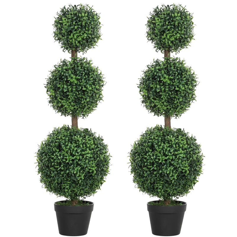 Set Of 2 Artificial Ball Boxwood Topiary Trees, Fake Plants In Pot For Indoor Outdoor Living Room Green