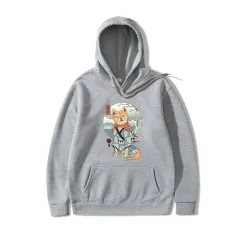 Shiba Inu Dog Illustration Printed Casual Hooded Sweater - Light Grey - View 1