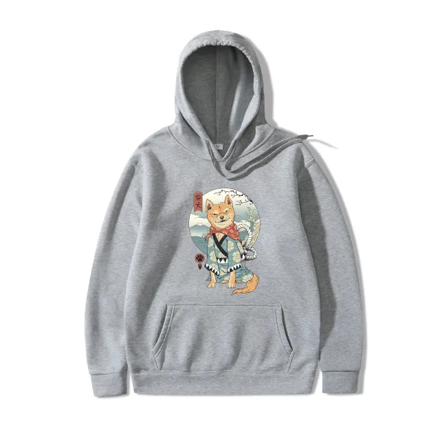 Shiba Inu Dog Illustration Printed Casual Hooded Sweater Light Gray - Shop at LoveMi