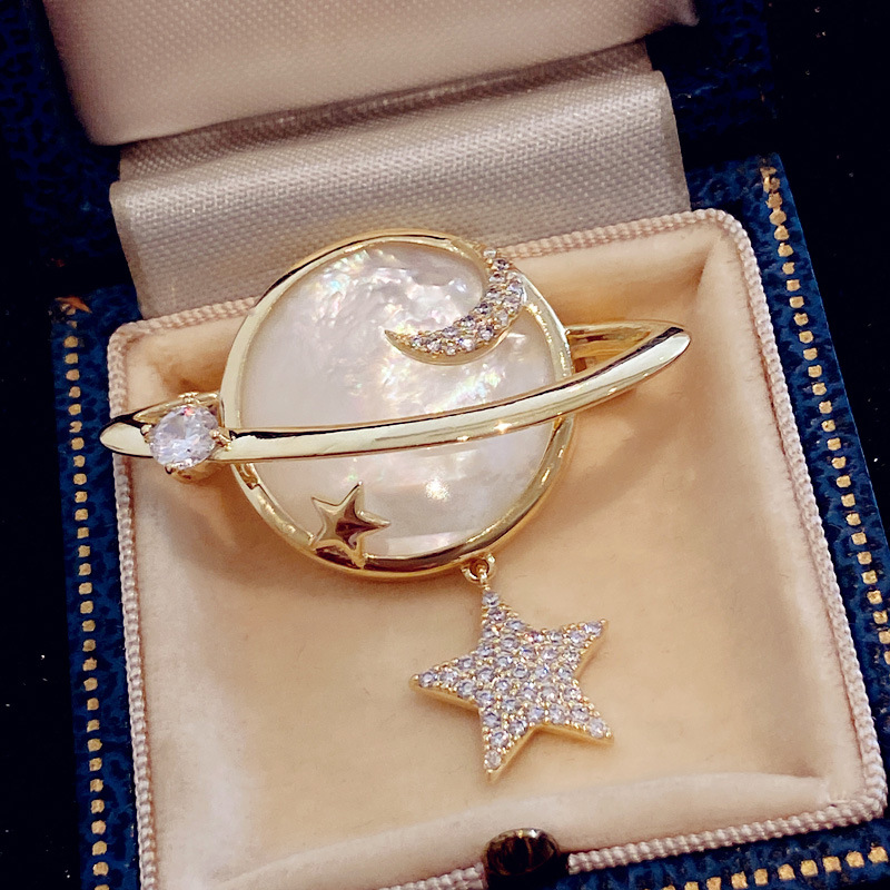 Niche Natural Mother-of-pearl Micro-inlaid Zircon Planet Brooch