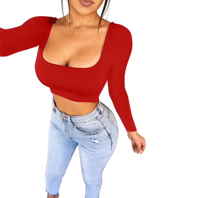 Square Neck Long Sleeve Bottoming Shirt Women's T Shirt Red - Shop at LoveMi