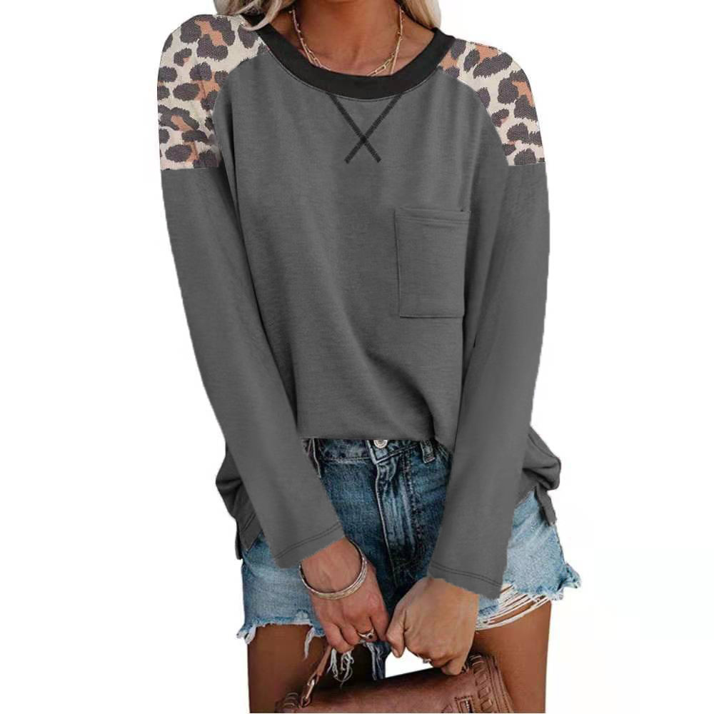 Autumn And Winter New Round Neck Leopard Print Stitching Pocket T-shirt Long Sleeves