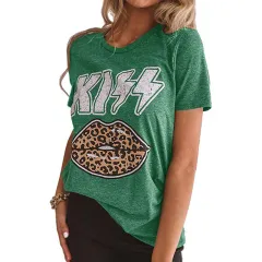 Printed Leopard Lips Crew Neck Short Sleeve Blouse - Green - View 1