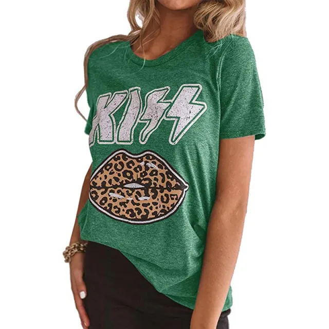 Printed Leopard Lips Crew Neck Short Sleeve Blouse Green - Shop at LoveMi