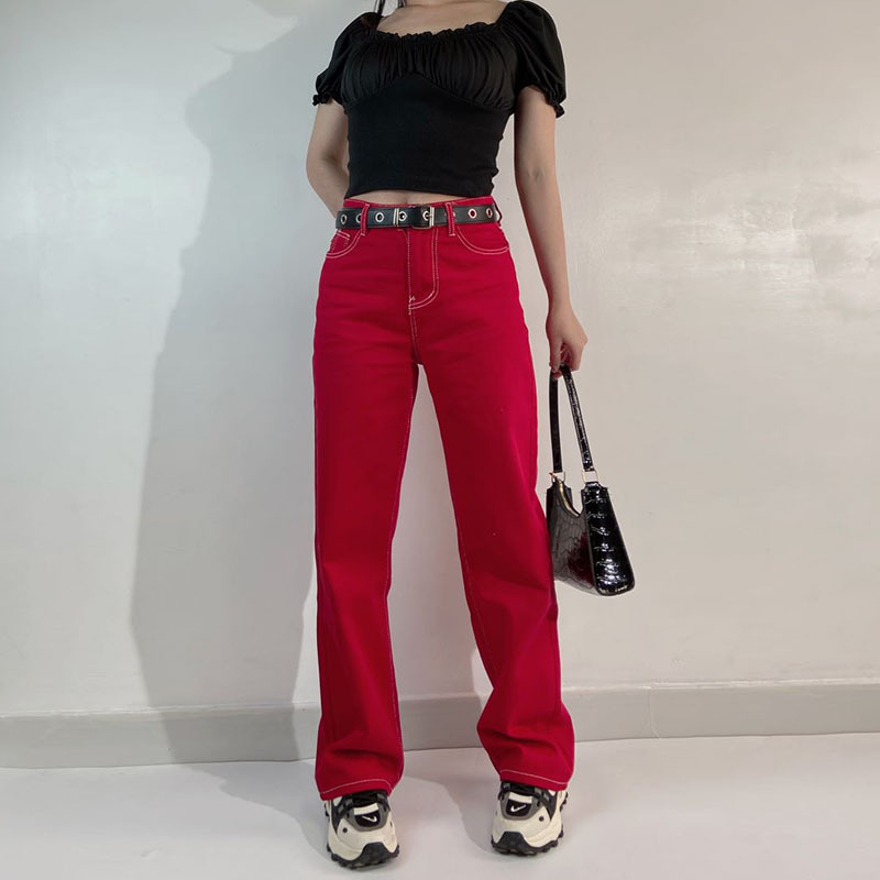 New Solid Color Retro American Street High Waist Straight Casual Pants Red - Shop at LoveMi