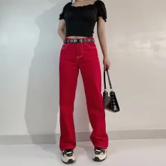 New Solid Color Retro American Street High Waist Straight Casual Pants - Red - View 1