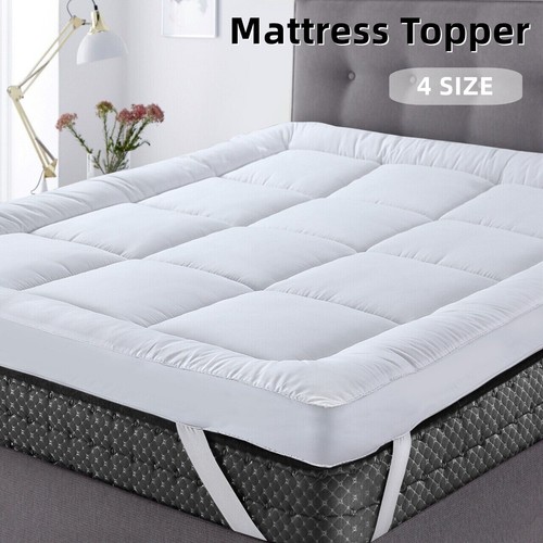 Mattress Topper Bed Pillowtop Mat Pad Protector Cover 4 Size 10CM Extra Thick---Queen-white