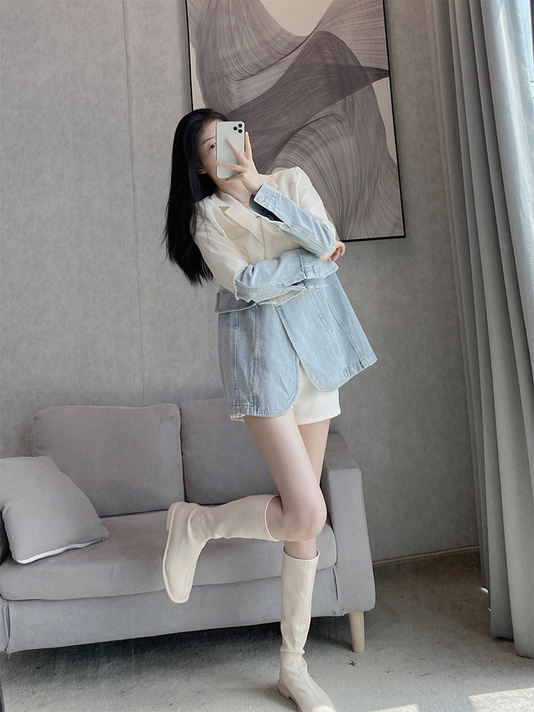 Women's Denim Stitching Suit Jacket Tops