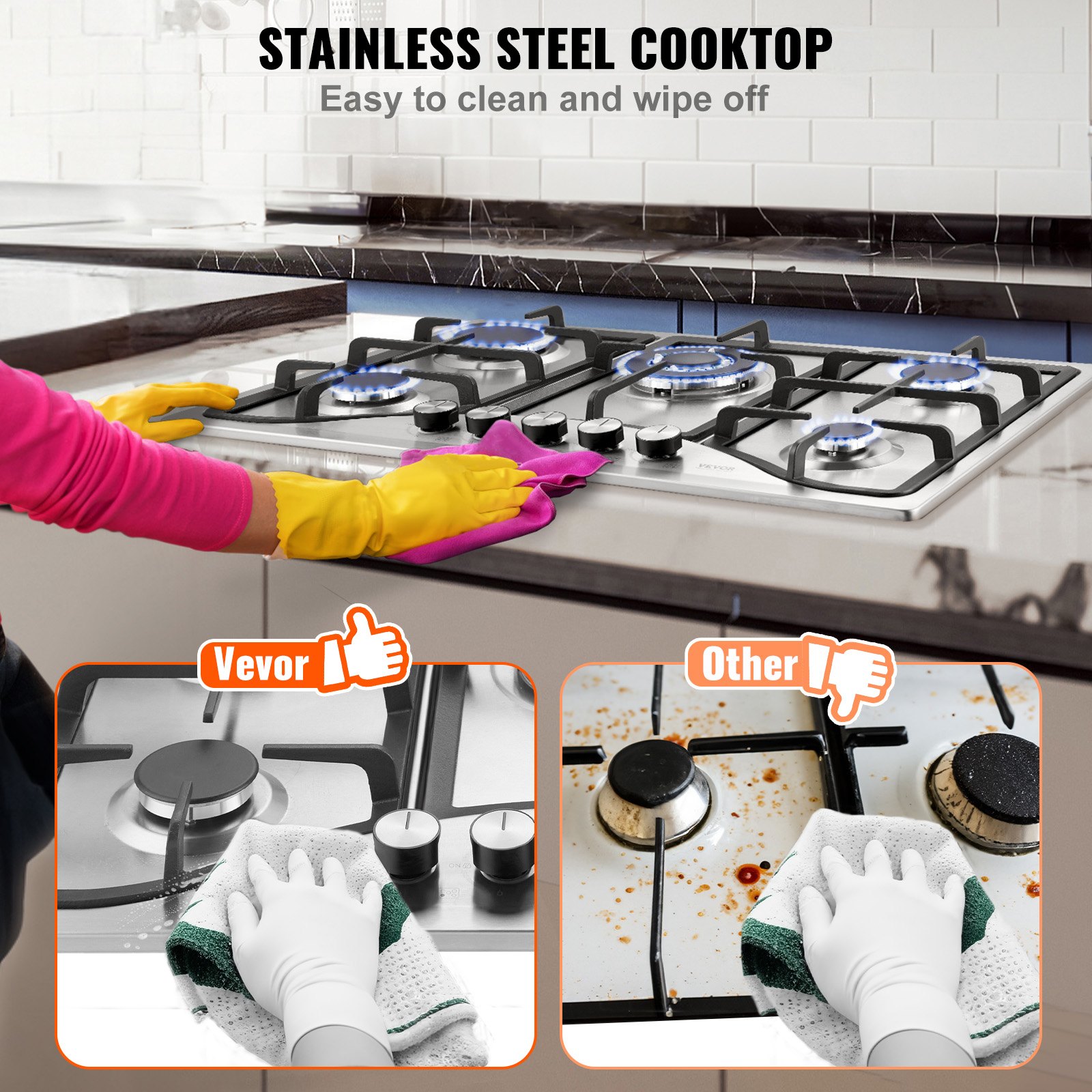 Gas Cooktop 30 Inch, Max 12250BTU 5 Burners Built-in Stainless Steel Gas Stove Top, LPG NG Convertible Dual Fuel Natural Gas Hob With Thermocouple Protection image 4