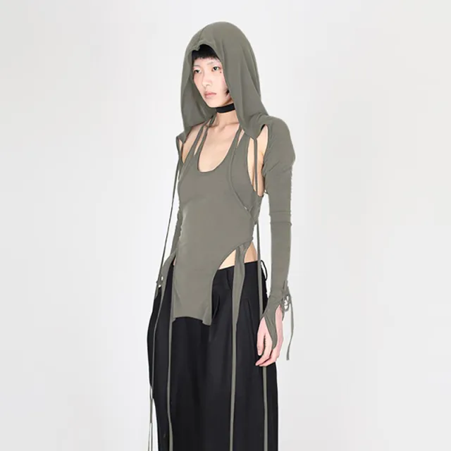 Long Sleeved Hooded Personality Strap Slim Navel T shirt Grey - Shop at LoveMi