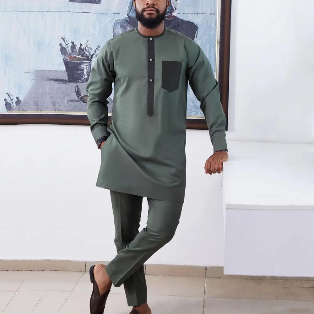 Pocket Button Men's Long Sleeve Top Trousers