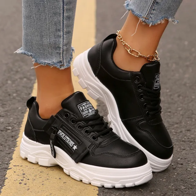 Lace up Sports Shoes With Side Zipper Design Fashion Thick soled Round toe Casual Shoes For Women Sneakers Black - Shop at LoveMi