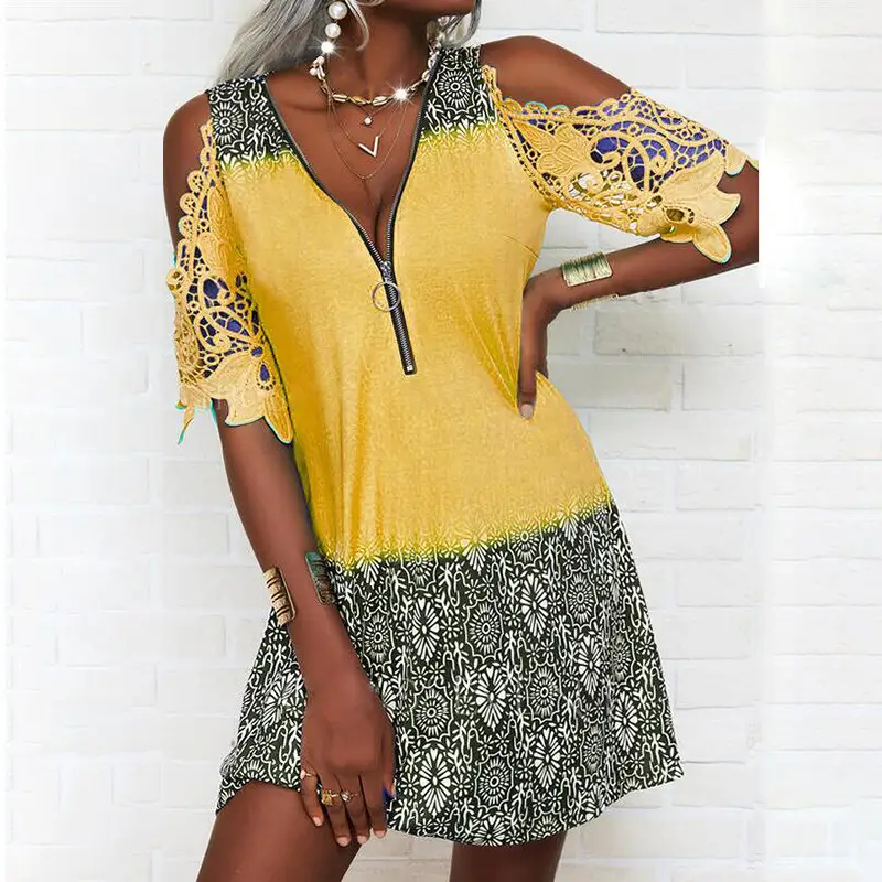 Sexy Printed Contrasting Short Sleeve Off-the-shoulder Zip Dress