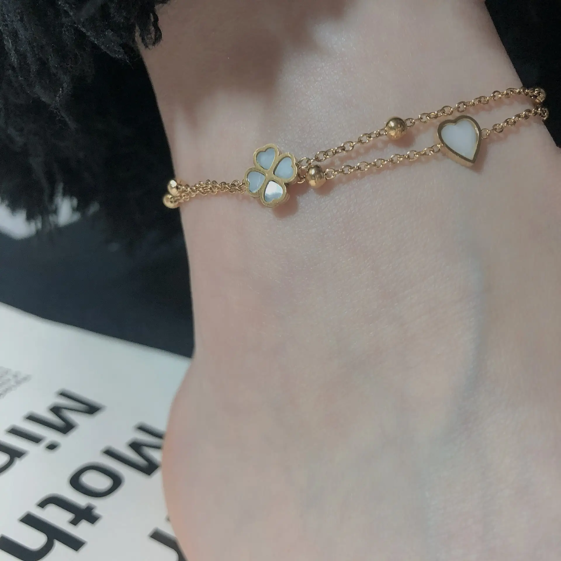 Titanium Steel Love Four Leaf Grass Bead Chain Anklet