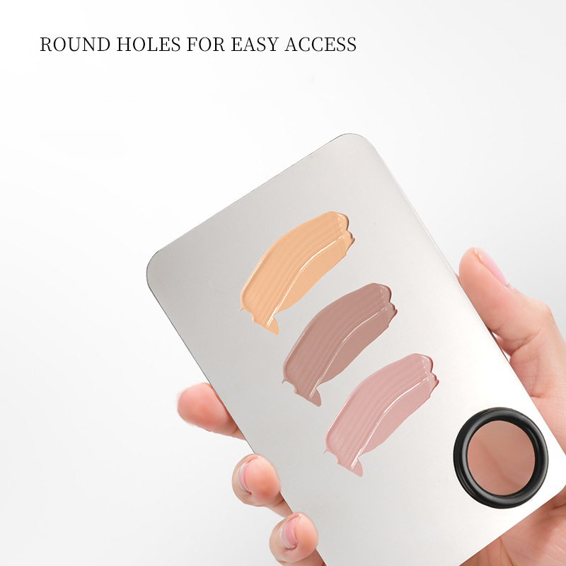 Stainless Steel Makeup Palette with Spatula, product details: Extremely rich simple sense, convenient toning, suitable for professionals and non-professionals. Stainless steel color handle: strong and smooth, distinctive modelling. Suitable for all kinds 