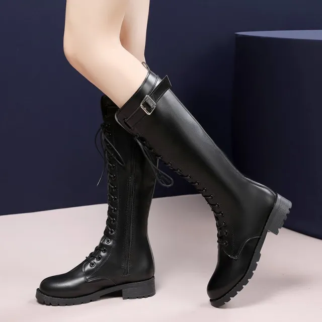 Long Tube Lace Round Toe Casual Fashion Boots Black - Shop at LoveMi