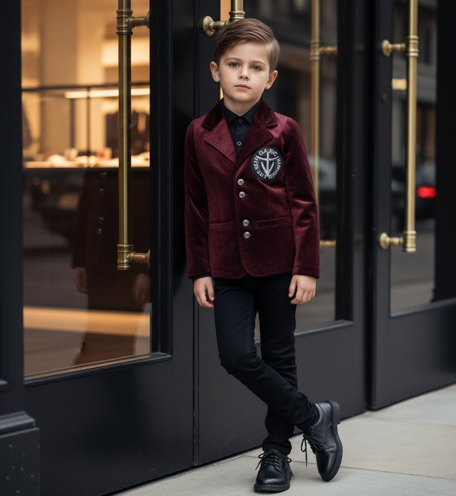Boy Formal Suit Birthday Party Jacket Velvet Blazer Wine Red 3-7y Slim Fit — foto 4