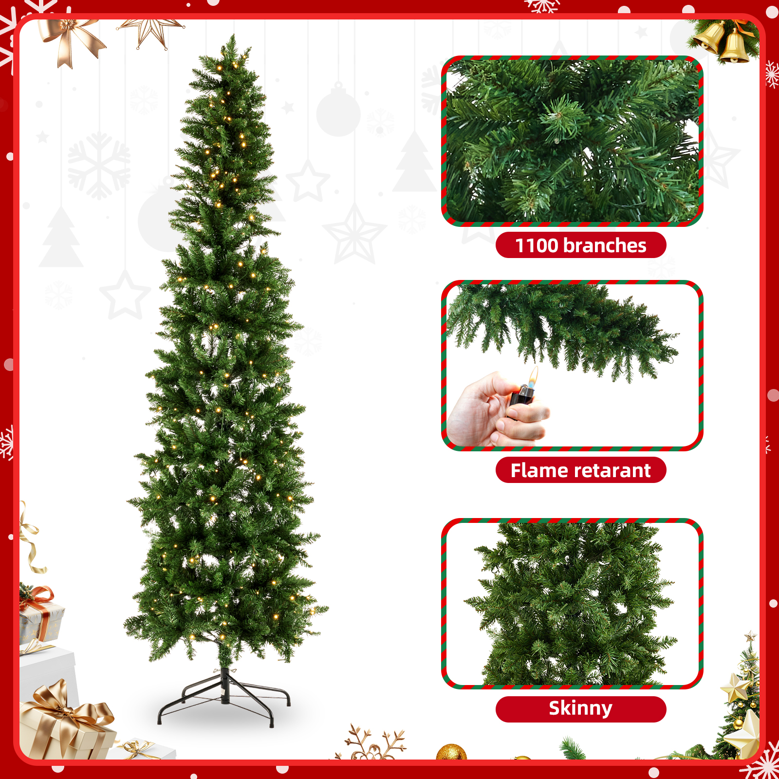 Pencil Christmas Tree, Prelighted Artificial Slim Christmas Trees With 250 Incandescent Lights, 571 Branch Tips & Foldable Base image 8