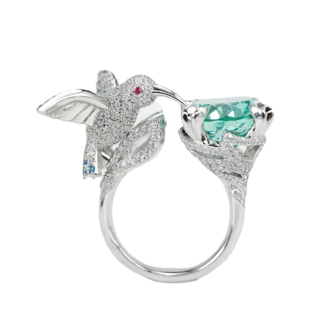 Title 4, Oil Painting Peacock Green Diamond Bird Ring, a...