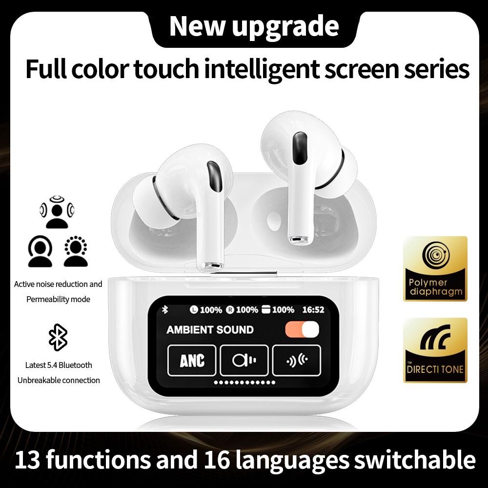 Wireless earbuds Bluetooth 5.3 with active noise cancellation and charging case.