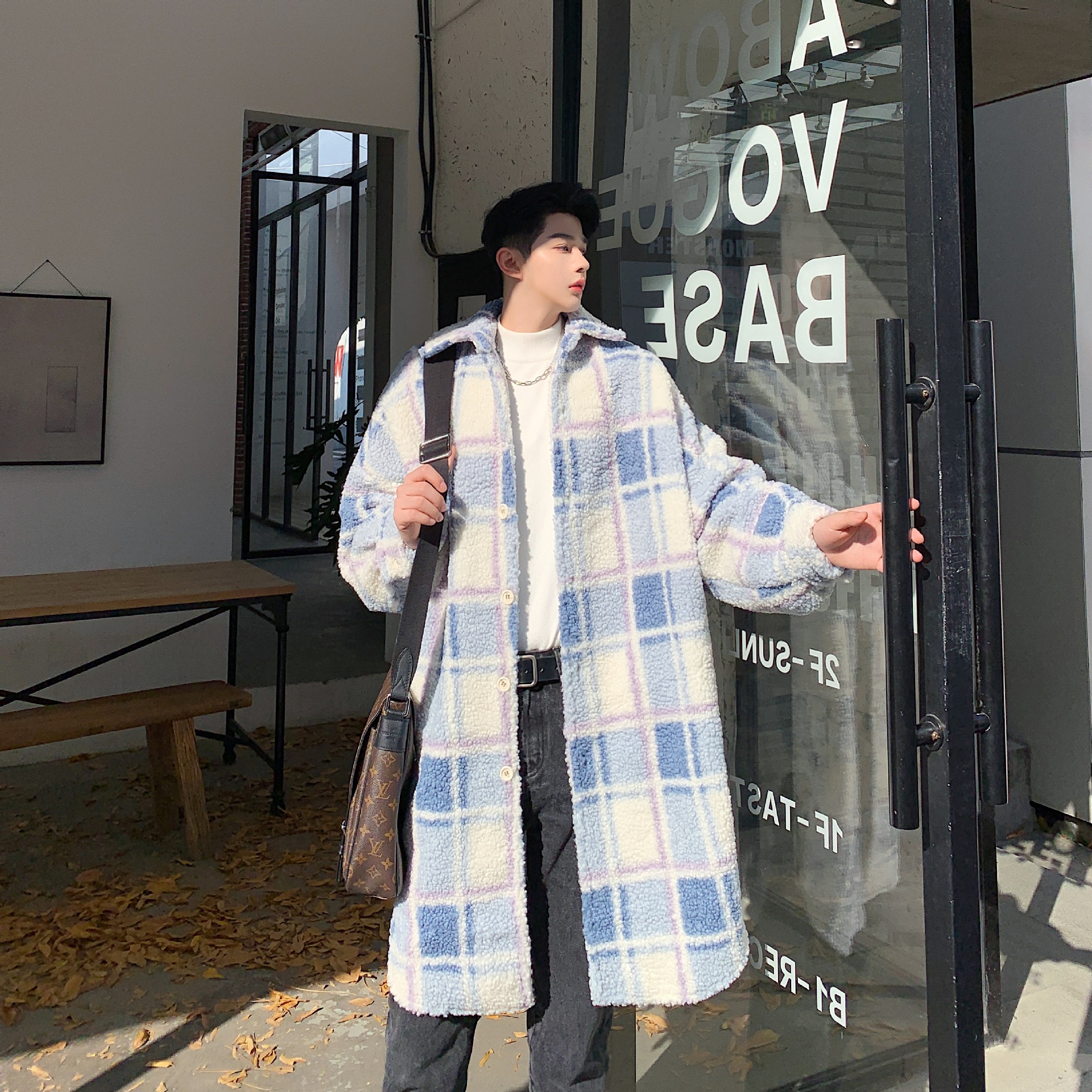 Street Fashion Plaid Lamb Hair Grain Cashmere Long Shirt