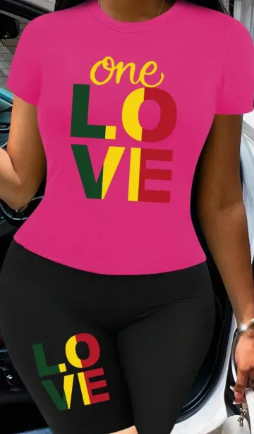 Women's LOVE Slogan Digital Print Short Sleeve T Shirt And Shorts Comfy Lounge Set Pink - Shop at LoveMi
