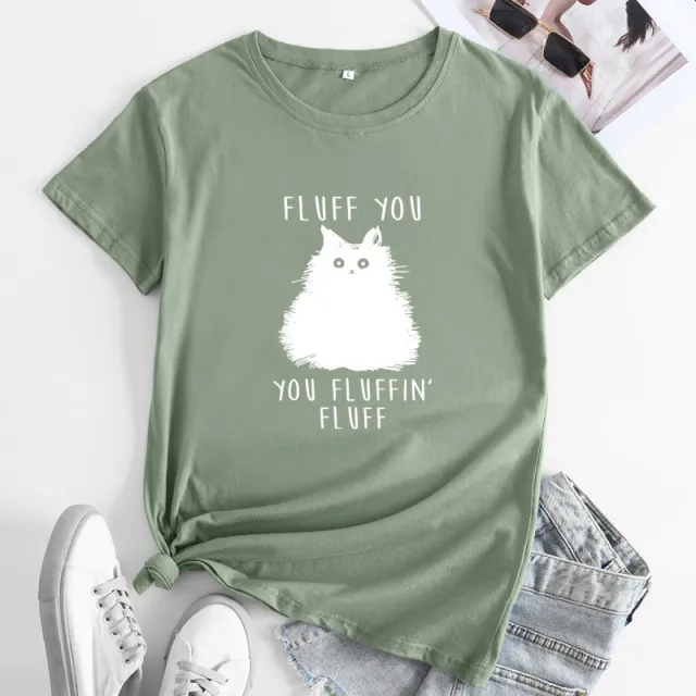 Large Size Cat Letter Printed Cotton Round Neck Short Sleeve T shirt For Women Bean Green - Shop at LoveMi
