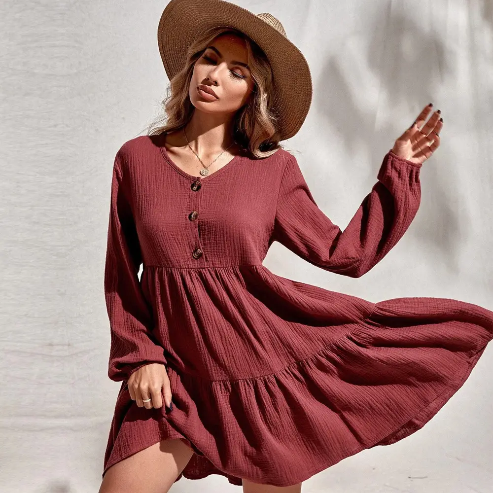 V-neck Single-breasted Long-sleeved Solid Color Dress