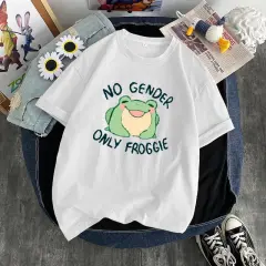 Frog Print Round Neck Loose Men's And Women's T-shirt - White - View 1